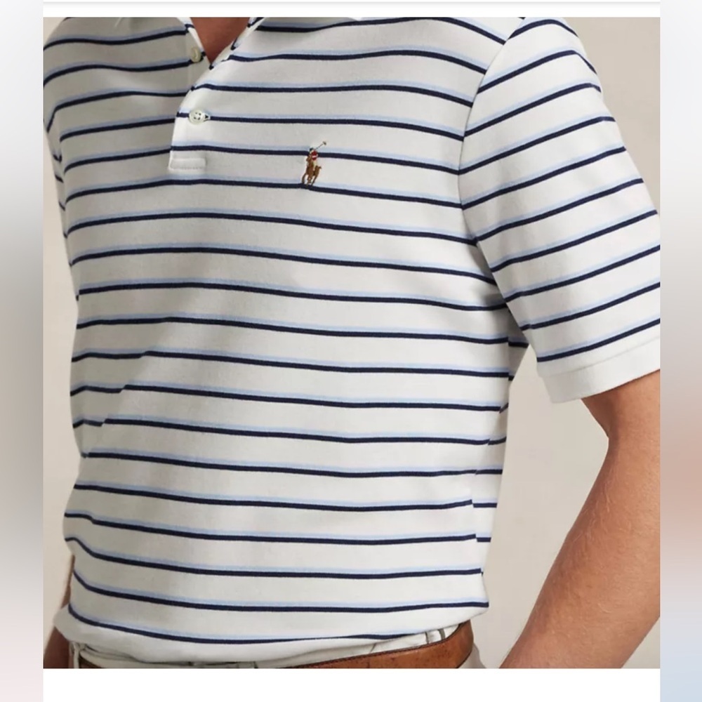 Polo Ralph Lauren Men’s Classic Fit Polo Shirt White Blue Striped Short Sl Large